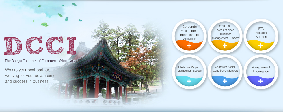 DCCI(The Daegu Chamber of Commerce & Industry) , We are your best partner, working for your advancement and sucess in business.
